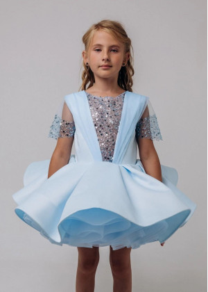 Short Sleeves Beaded Blue Satin Flower Girl Dress